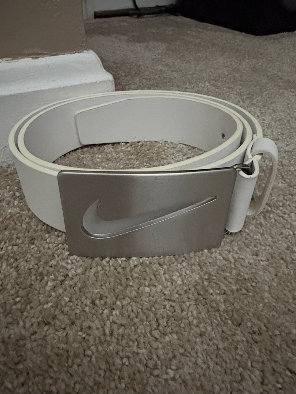 Nike White Leather Belt with Silver Swoosh Buckle